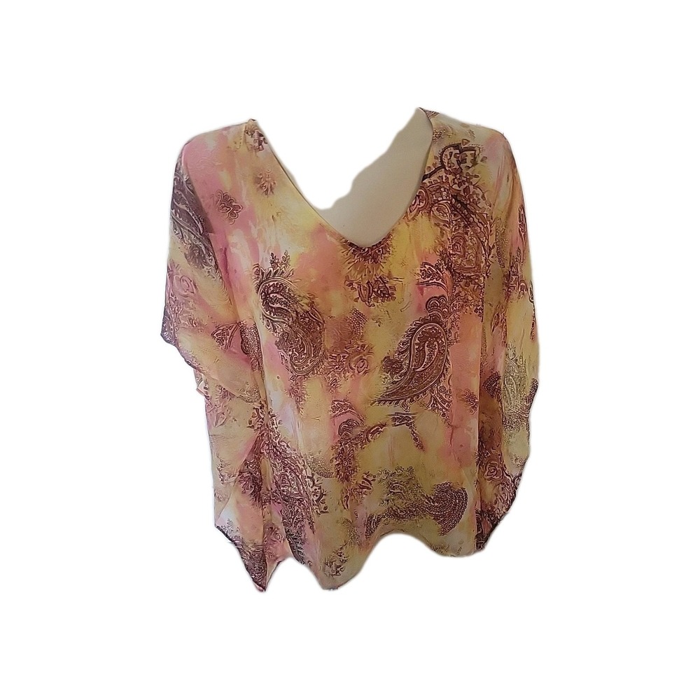 Chico's Floral Sheer Kimono Sleeve Coral Reef Asymetrical Top S/M‎ Contemporary